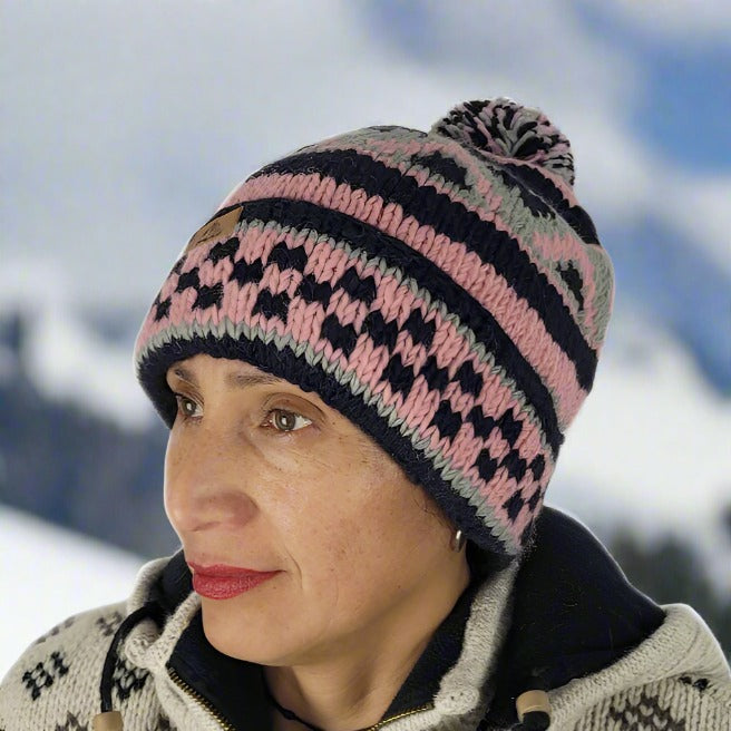 Wool beanie pom pom PINK PATTERN – alpinepeaknz