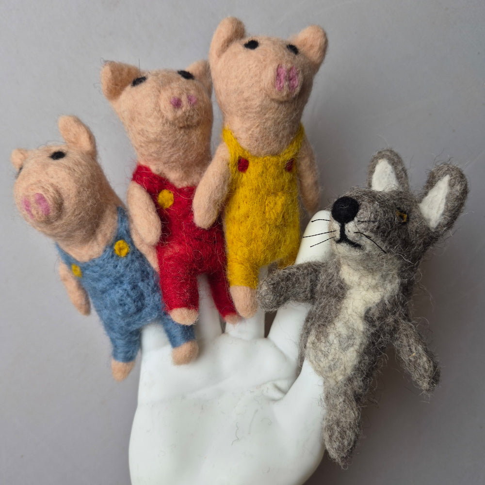 Wool Felt finger puppets 3 LITTLE PIGS AND WOLF
