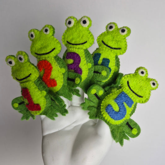 Wool Felt finger puppets 5 LITTLE SPECKLED FROGS SET