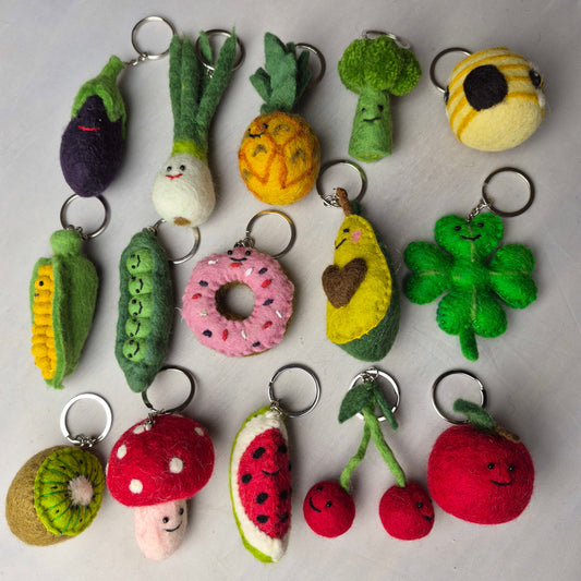 Felted wool fruit and vegtable keyrings