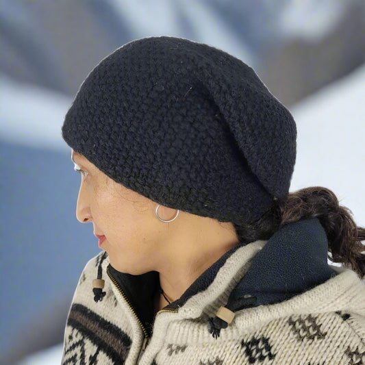 Wool slouch beanie fleece lined BLACK