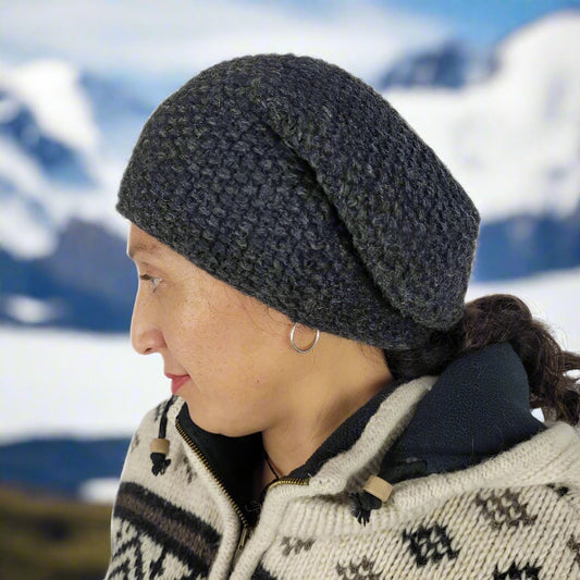 Wool slouch beanie fleece lined DARK GREY