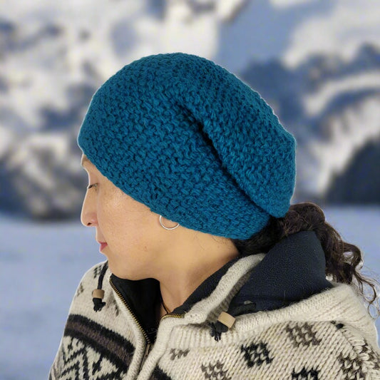 Wool slouch beanie fleece lined TEAL